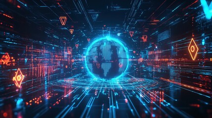 Obraz premium Glowing sphere with a digital grid-like structure in a virtual environment