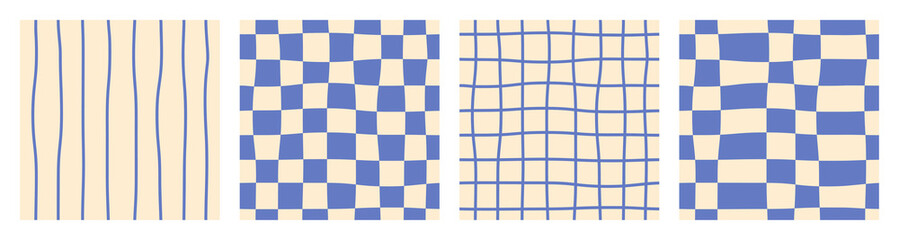 Seamless abstract monochrome blue set of checkered, striped and chess wavy patterns on light background, simple hand drawn illustration, flat style