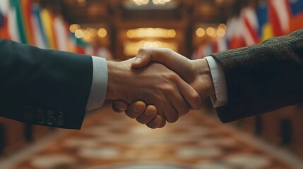 Symbol of Diplomacy: Two hands clasped in a firm handshake, representing agreement and partnership against the backdrop of international flags, illustrating the power of diplomacy and collaboration