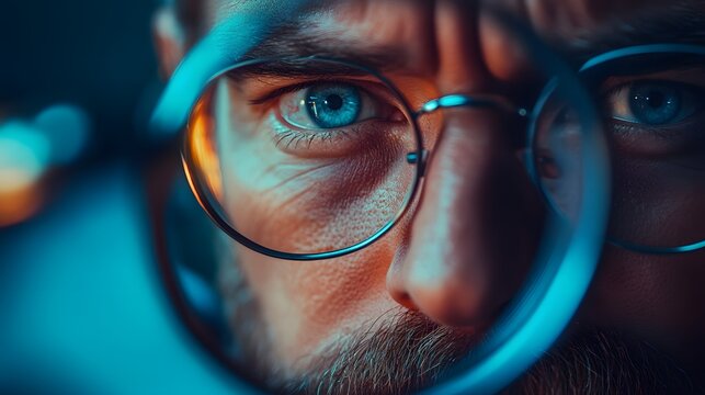 Focused Examination: A close-up shot highlights the intense gaze of a man peering through a magnifying glass, capturing an aura of scrutiny, and an analytical mindset.
