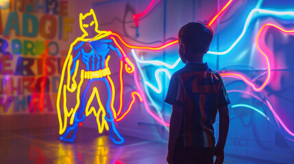 Fototapeta premium A moment where a child’s shadow takes on the form of a superhero, drawn in vibrant neon outlines, creating a magical and whimsical scene of imagination.