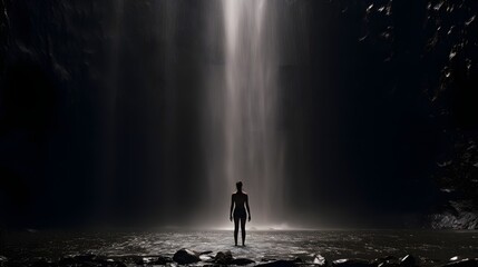 Obraz premium A person standing in awe beneath a cascading waterfall representing the power of nature to cleanse renew and rejuvenate the mind body and spirit