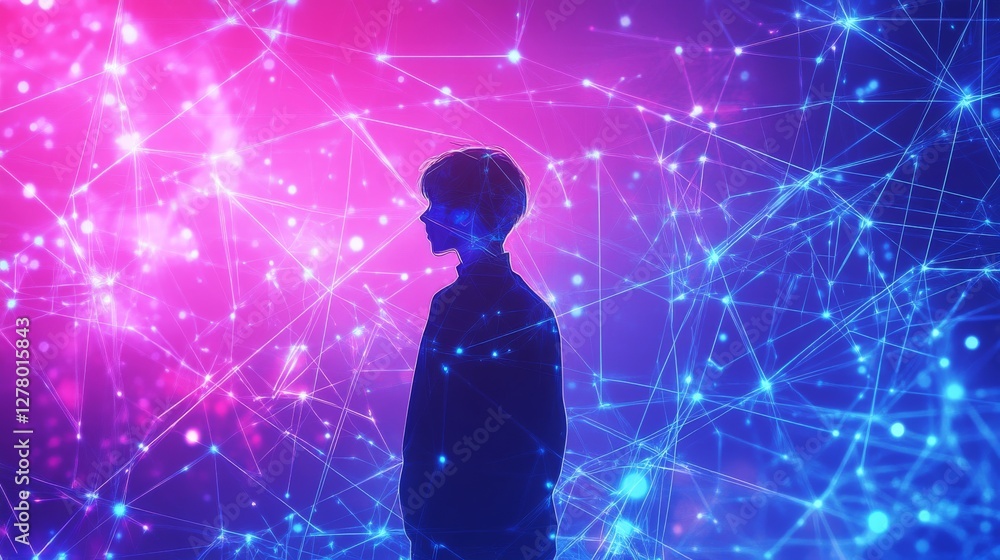 Poster futuristic digital network with connected dots, lines, and triangles – big data visualization, abstr