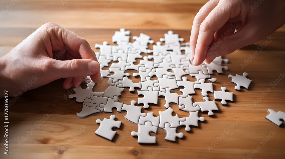Poster hand carefully placing a puzzle piece into a brain shaped puzzle symbolizing the process of gaining 