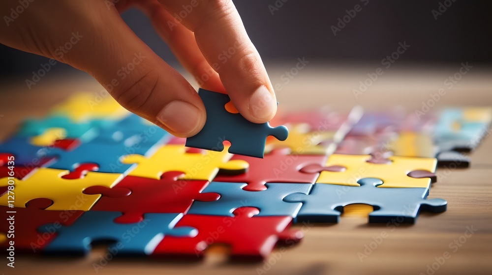 Poster hand gently placing a puzzle piece into a brain shaped jigsaw puzzle symbolizing the process of achi