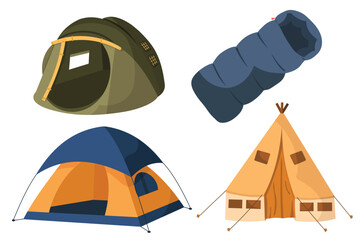 camping tent and sleeping bag, Hiking and camping illustration collection