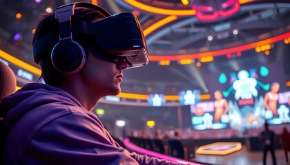 A futuristic esports gamer wearing an advanced VR headset, playing a high-stakes game in a neon-lit arena, with holographic avatars and floating scoreboards