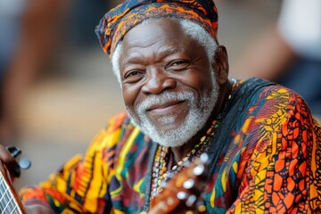 Fototapeta premium Elderly musician smiles warmly while playing guitar outdoors in vibrant traditional attire