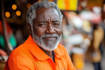 Fototapeta premium Elderly man with a gray beard smiles warmly while wearing an orange shirt in a vibrant marketplace setting