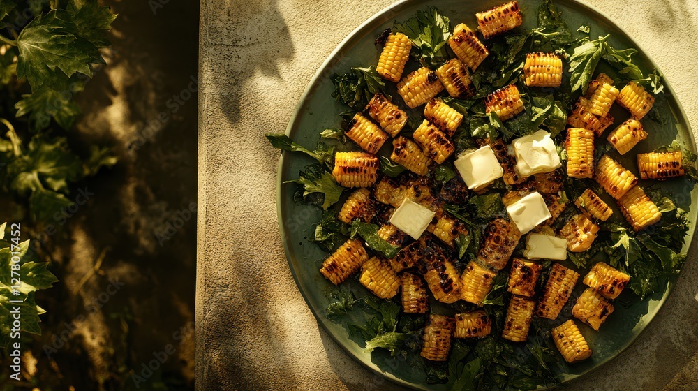 Poster grilled corn on plate with butter and greens on rustic table in natural light setting