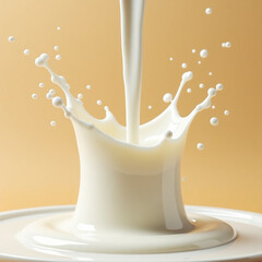 Close-up of fresh milk splashing in mid-air against a warm beige background.