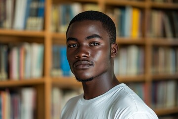 Young man poses confidently in a library surrounded by books during a quiet afternoon