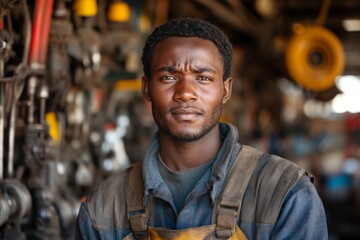 Skilled mechanic working diligently in a bustling automotive workshop with tools and equipment around