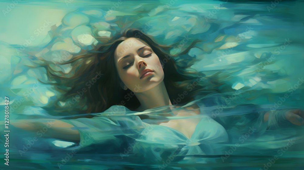 Poster a conceptual image depicting a person seamlessly blending into a serene abstract painting symbolizin