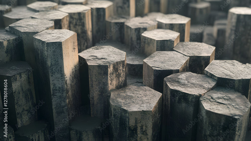 Aufkleber urban landscape featuring hexagonal concrete structures, modern architecture, geometric patterns, su