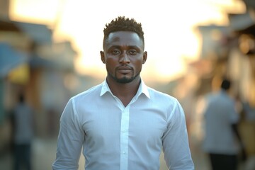 Obraz premium Man in a white shirt walks confidently down a bustling street during sunset in an urban environment