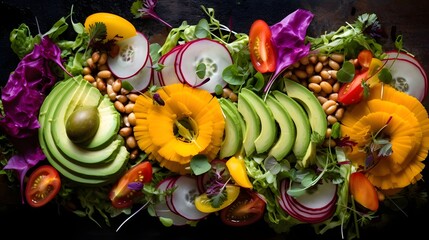 Overhead View of a Vibrant and Nourishing Vegan Salad Bowl Filled with a Variety of Fresh Vegetables Greens Seeds and Flavorful Ingredients