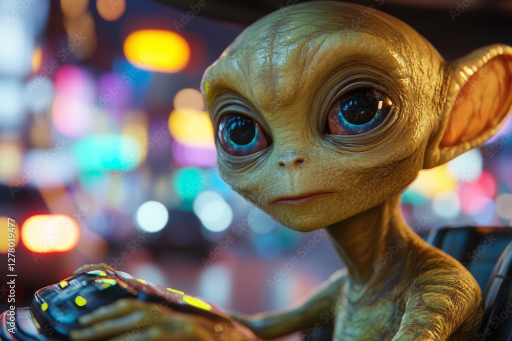 Poster alien character navigating a futuristic cityscape at night with colorful lights and a digital interf
