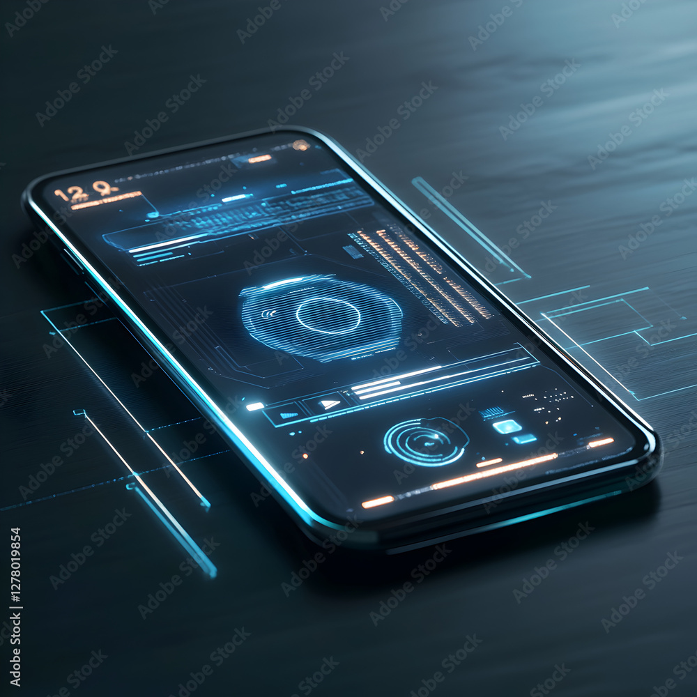 Poster smartphone display futuristic technology: a sleek smartphone displays cutting-edge technology interf