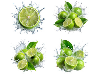 Lime splashes, set of lemon splashes, and green lemon water splash isolated