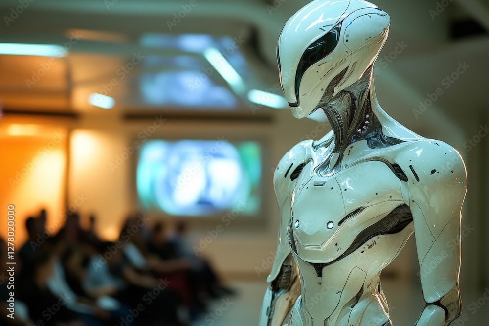 Poster advanced humanoid robot on display at a technology expo showcasing artificial intelligence and robot