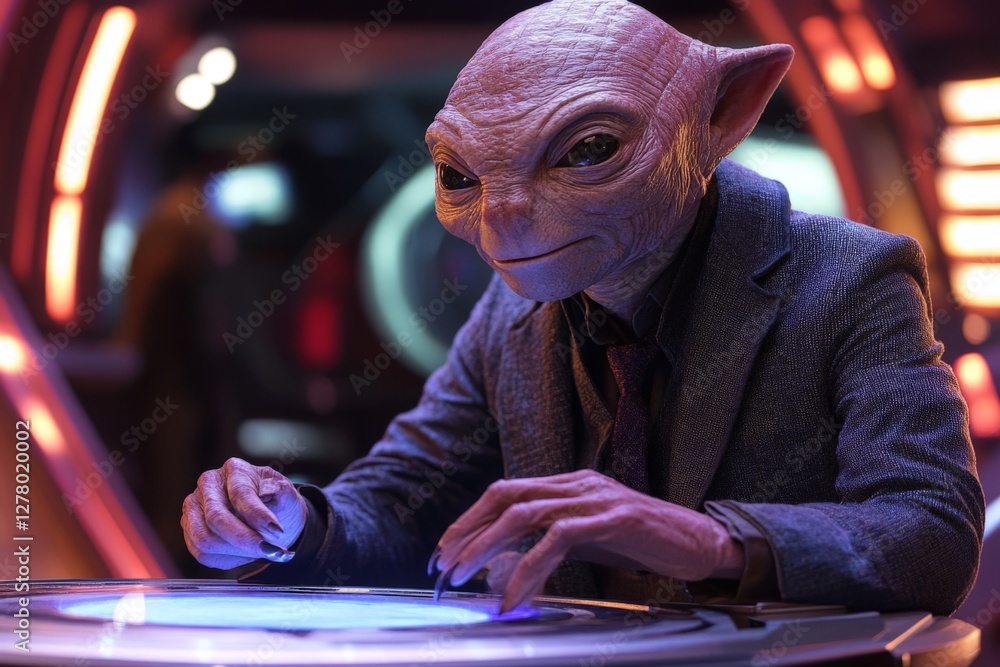 Poster alien character focused on a holographic display in a futuristic setting during a bright and vibrant