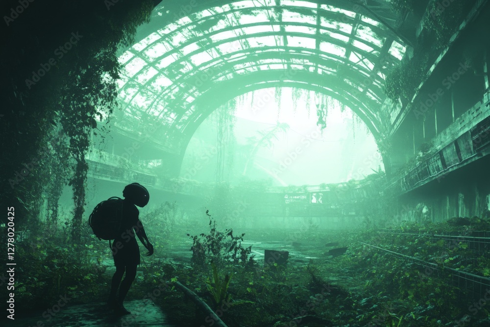 Poster exploring an overgrown greenhouse with light filtering through broken glass and abandoned structures