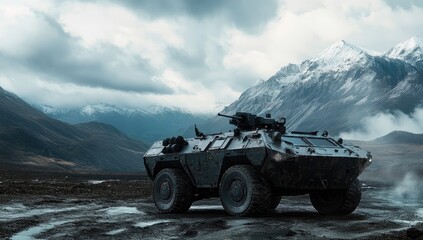 Armored vehicle in mountainous terrain under cloudy sky