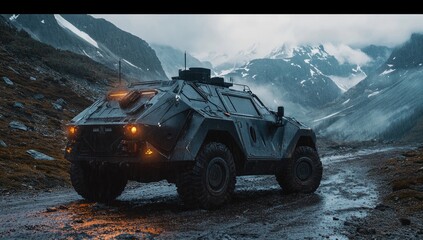 Armored vehicle on mountain pass, snowy peaks