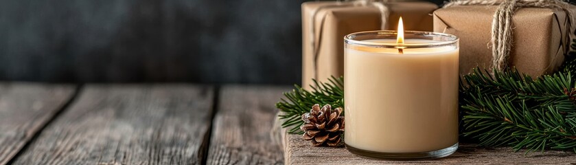 Warm and Cozy Aromatic Candle Surrounded by Christmas Gifts and Pine Decorations on Dark Wooden Background