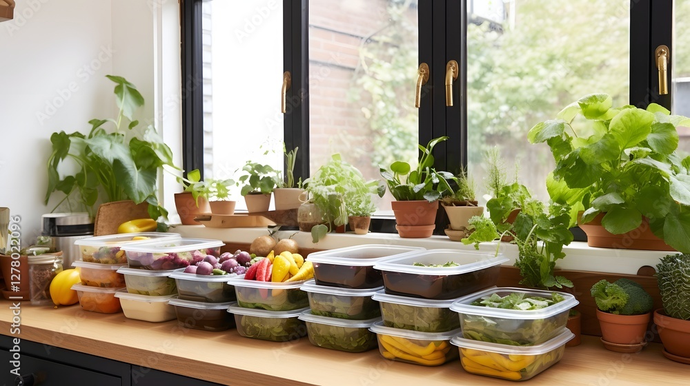Poster cheerful kitchen scene featuring an array of colorful plant based meal prep containers filled with f