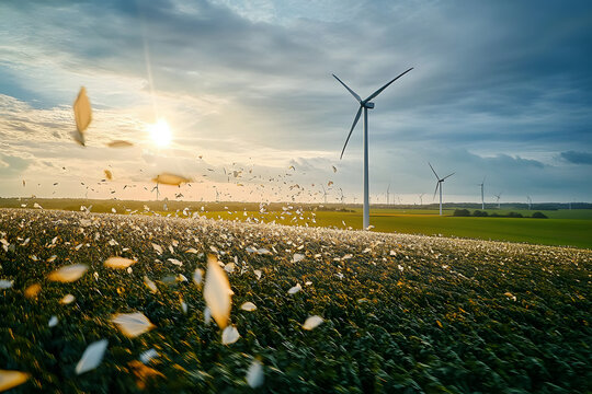 Wind turbines that produce electricity, built on a field in Skanderborg, Denmark