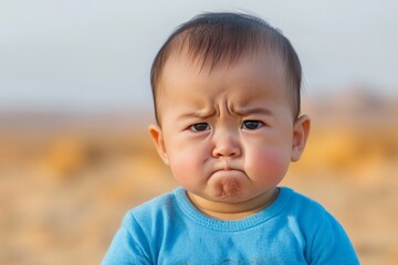 Baby shows a serious expression with furrowed brows in an outdoor setting during daylight hours