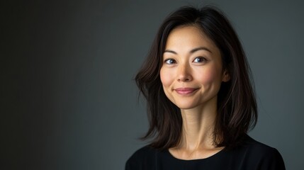 Fototapeta premium Portrait of a confident woman with a gentle smile and natural expression against a dark neutral background
