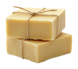 Deux pains de savon naturels faits à la main attachés avec de la ficelle, isolés sur fond transparent