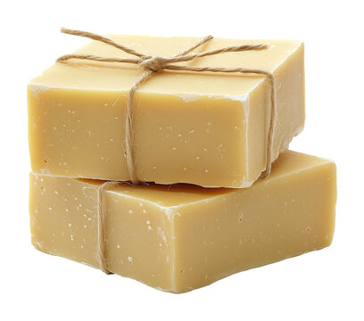 Deux pains de savon naturels faits &agrave; la main attach&eacute;s avec de la ficelle, isol&eacute;s sur fond transparent