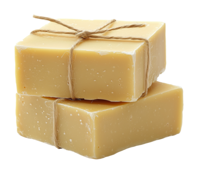 Deux pains de savon naturels faits à la main attachés avec de la ficelle, isolés sur fond transparent