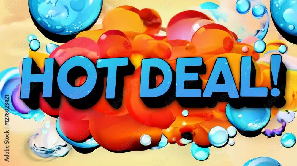 Poster a colorful background with the words hot deals written in bold. the background is filled with many d