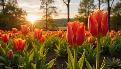 Blooming tulips glowing at sunrise in peaceful garden, spring beauty, Earth Day, blurred background