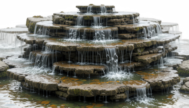 Serene Multi Tiered Stone Waterfall Fountain Cascading Water Tranquil Nature Scene