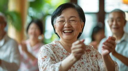 happy senior woman laughing with friends