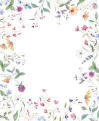  Watercolor floral frame with clover, echinacea, lavender,  herbs. Wildflower background for greeting cards, invitation. Hand drawn illustration. Vector EPS.