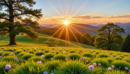 Fototapeta premium Sunrise over vibrant hills with blossoming flowers, Easter celebration, blurred background