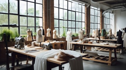 Serene and Minimalist Fashion Studio Showcasing Sustainable Fabrics Ethical Production Tools and a Workspace for Apparel Design and Manufacturing