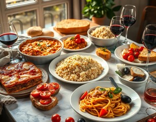 Obraz premium Table Filled with Delicious Italian Cuisine and Red Wine