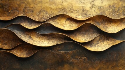 Golden wavy forms are layered creating a mesmerizing pattern composition
