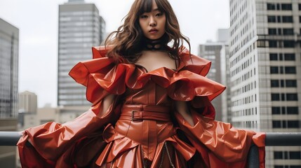 Obraz premium A model showcases a stylish contemporary zero waste fashion outfit in an urban setting highlighting the potential for sustainable and environmentally conscious clothing design in the fashion industry