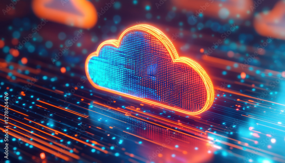 Poster bright and innovative cloud computing with vibrant digital elements and glowing effects
