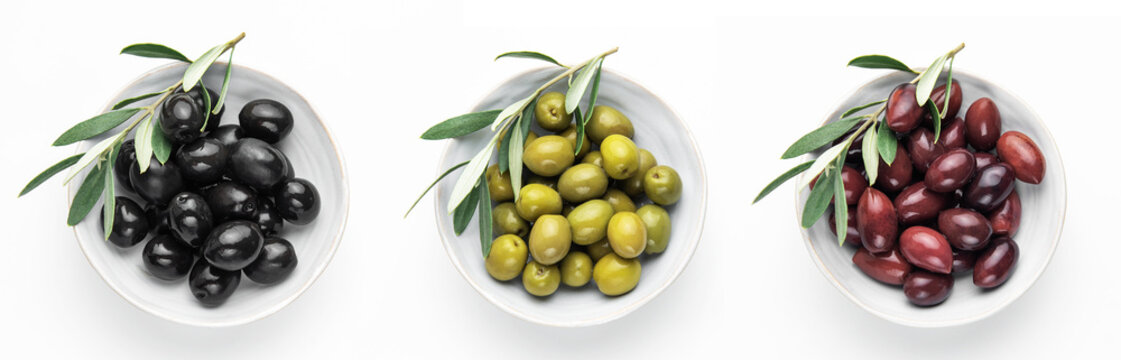 Black, green and kalamata olives with olive branches in bowls