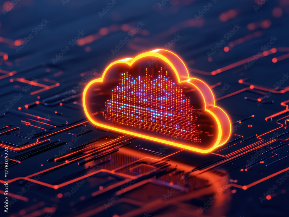 Poster dynamic cloud technology with vibrant digital swirl, representing innovation and connectivity in mod